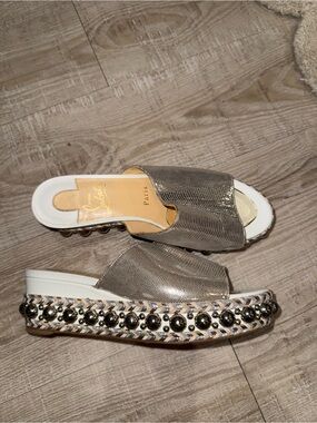 Christian Louboutin Metallic Taupe Lizard-Texture Slide Mules